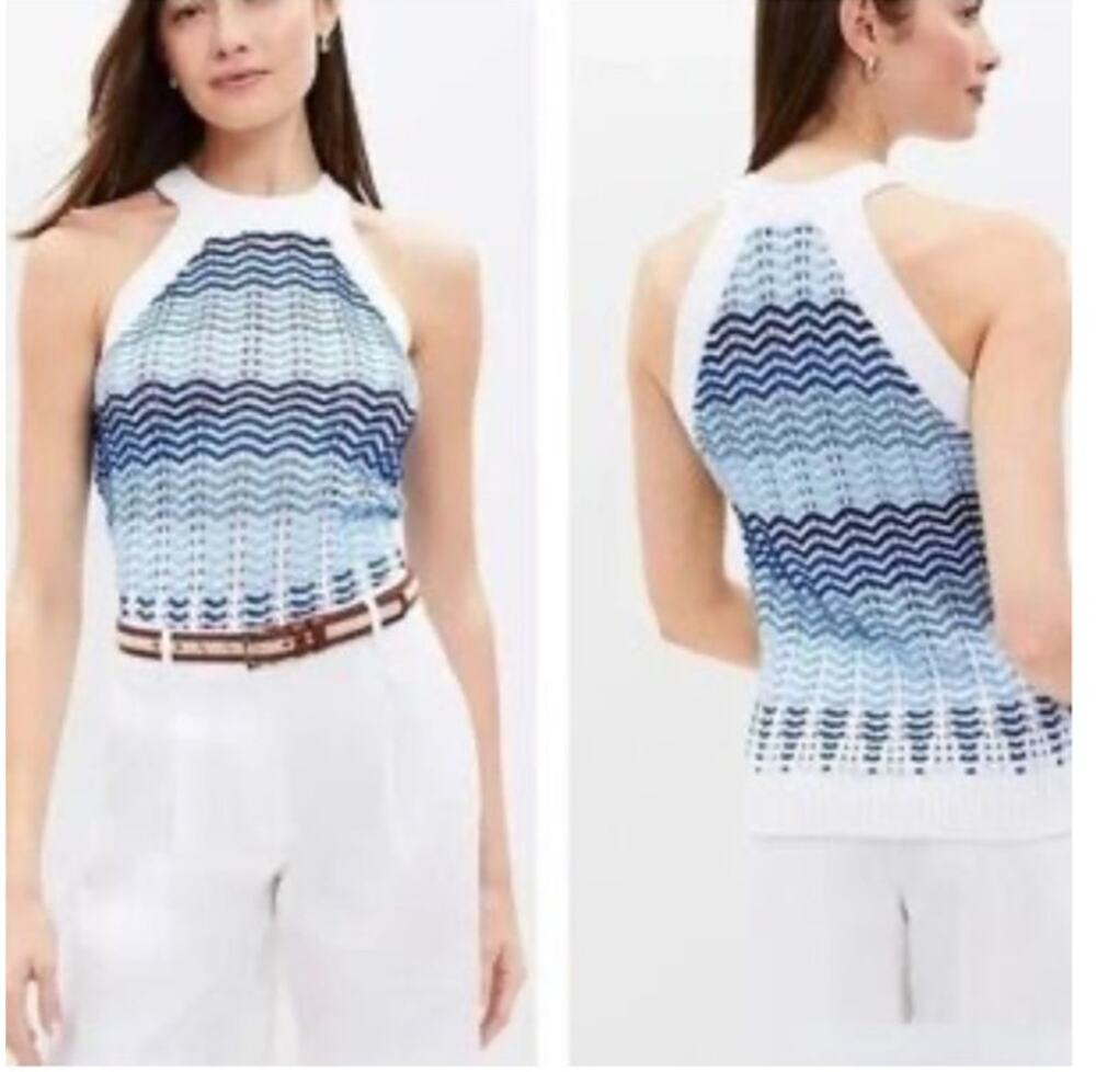 LOFT Blue White Coastal Knit Tank Top 100% Cotton Sleeveless Size S